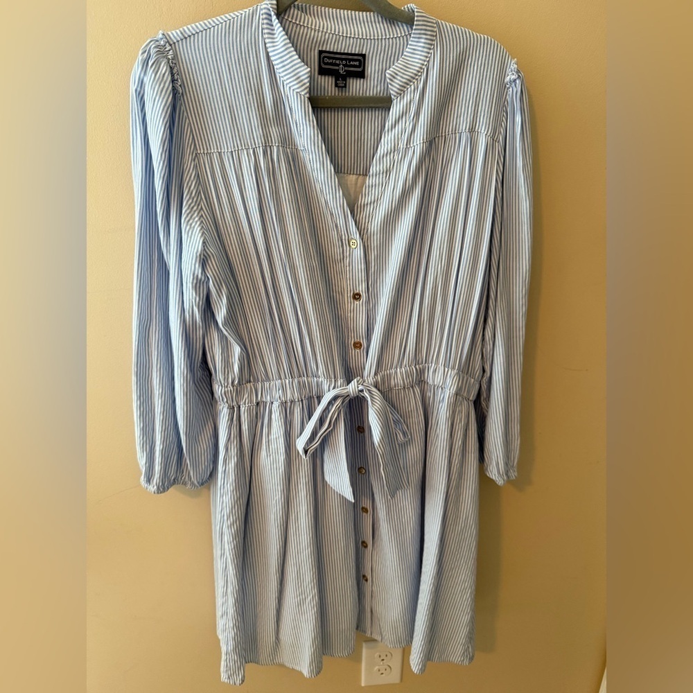 Duffield Lane Dress blue white stripe button down dress tie size Large